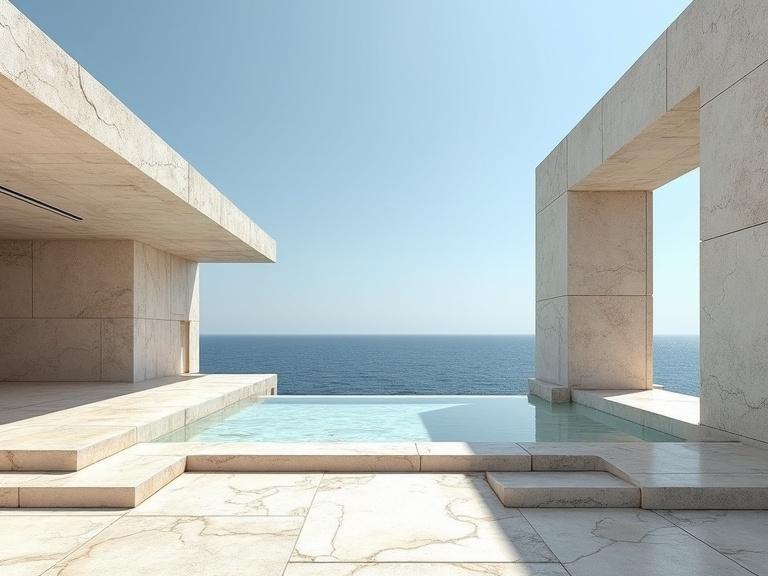 Architecture featuring an abstract abandoned structure made of stone slabs and marble. Horizontal architecture style is shown with an ocean backdrop under a clear sky.
