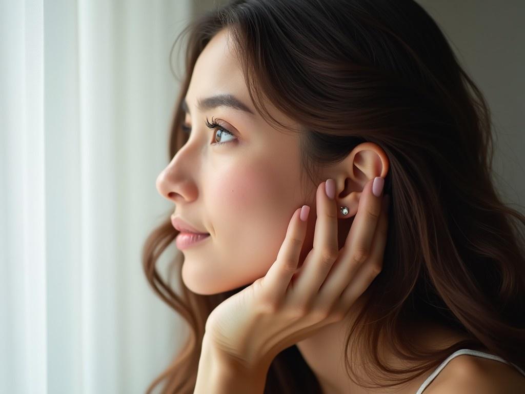 A woman is captured in a serene moment, gazing thoughtfully out of a window. Her right hand rests gently on her right cheek, accentuating her delicate features. The lighting is soft, highlighting her youthful skin and the contours of her face. The background is softly blurred, ensuring that the focus remains on her profile. The color palette is warm and inviting, adding to the tranquil atmosphere of the scene.