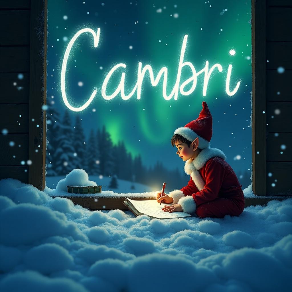 Elf on the shelf writing the name Cambri in the snow with northern lights illuminating the scene