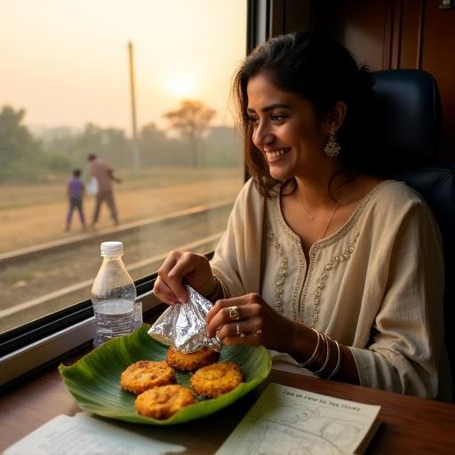 Mid-shot of a woman unwrapping paneer tikka on a banana leaf at a train window. Sunset outside with playful children in a village. She wears a beige kurta and has gold jewelry. Items on table include water bottle and a book. A journal with a train route sketch visible.