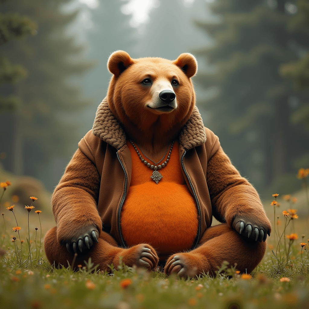 A bear sits cross-legged in a forest, wearing a stylish hooded pullover and a necklace, surrounded by orange flowers.