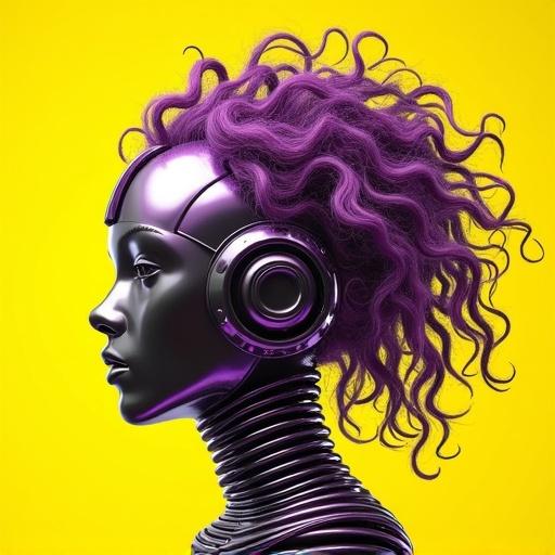 Highly detailed illustration of a futuristic metallic helmet resembling long curly hair. Springs colored vibrant lilac with black hints. Coils mimic natural ringlets, some unruly. Background is solid yellow for extraction.