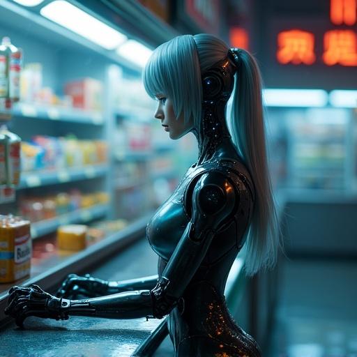 Female android in a futuristic convenience store. She has silver hair and glowing blue eyes. The store is illuminated by neon lights. The atmosphere is rainy and reflective. The android has a sleek robotic design and human-like features. Holographic UI elements are visible. The scene has ultra-realistic details with cinematic lighting and a detailed background.