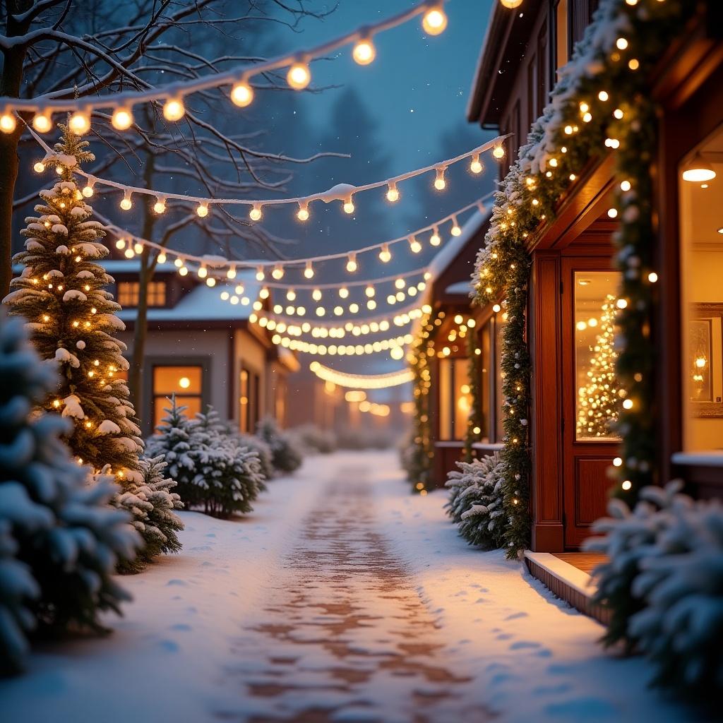 A picturesque winter scene showcases a cozy pathway adorned with string lights. Snow blankets the ground and decorates the evergreen trees lining the street. The warm glow from the lights creates a magical ambiance perfect for the holiday season. This charming setting invites people to stroll through the beautifully decorated area. It's an idyllic scene that captures the essence of Christmas charm and joy, ideal for holiday promotions.