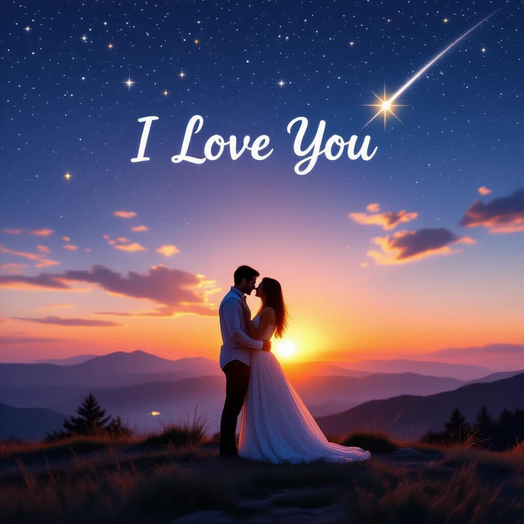 A romantic couple stands together at sunset. They embrace as the sun sets behind them. A shooting star streaks across the sky. The text 'I Love You' is prominently displayed in large letters in the background. High resolution image.