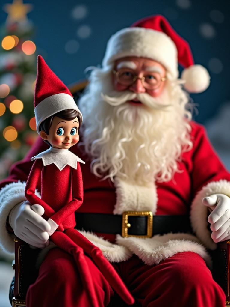 Elf doll sitting on Santa's lap in front of a Christmas tree. The setting is festive with a snowy backdrop. Santa has a jolly appearance while the elf looks cheerful.