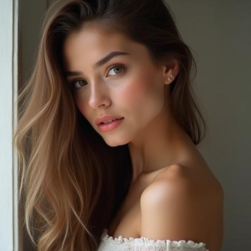 Digital photograph captures an attractive young woman with striking features and glamour. Focus on the details of her eyes and natural beauty.