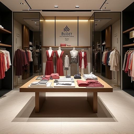 Stylish fashion store under Aulier Paris brand logo. Central table displays elegant clothing and accessories. Store features bright lighting and modern design.