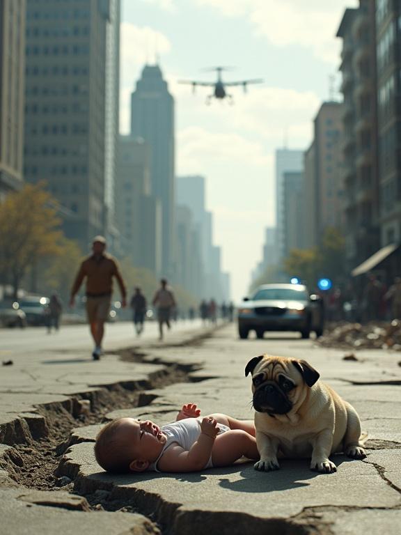 Dramatic emotional post-apocalyptic urban scene. Street cracked from earthquake. Baby lying on pavement crying. Small pug dog beside the baby. Pug's face shows concern. Background features partially destroyed skyscrapers. Abandoned police car nearby. People running in distance. Helicopter surveying damage. Atmosphere conveys destruction and fear, mixed with hope from dog's care.