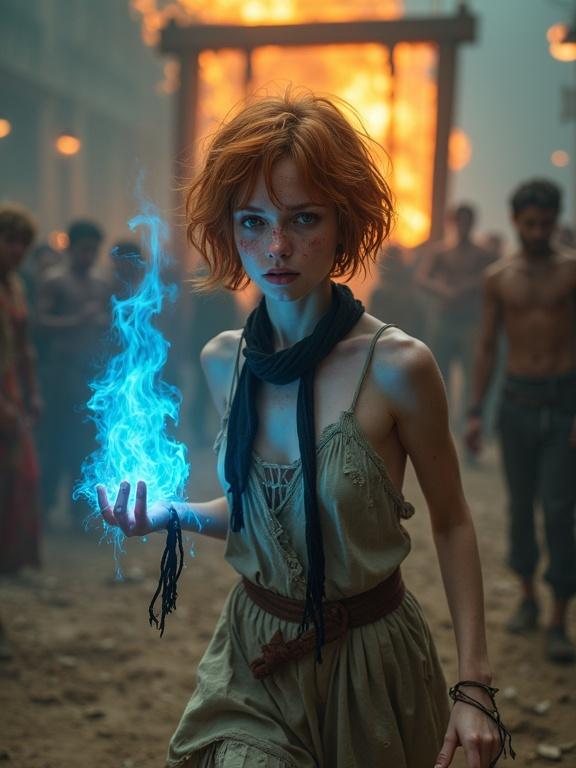 Photorealistic image depicting a young woman with short auburn hair and pale skin in a torn dress. She has freckles and pale blue eyes. Expression indicates fear with raw corners of her mouth. She holds a magical blue flame while running from a burning gallows. Torn ropes trail from her wrists. In the background, people are panicking due to the fire.