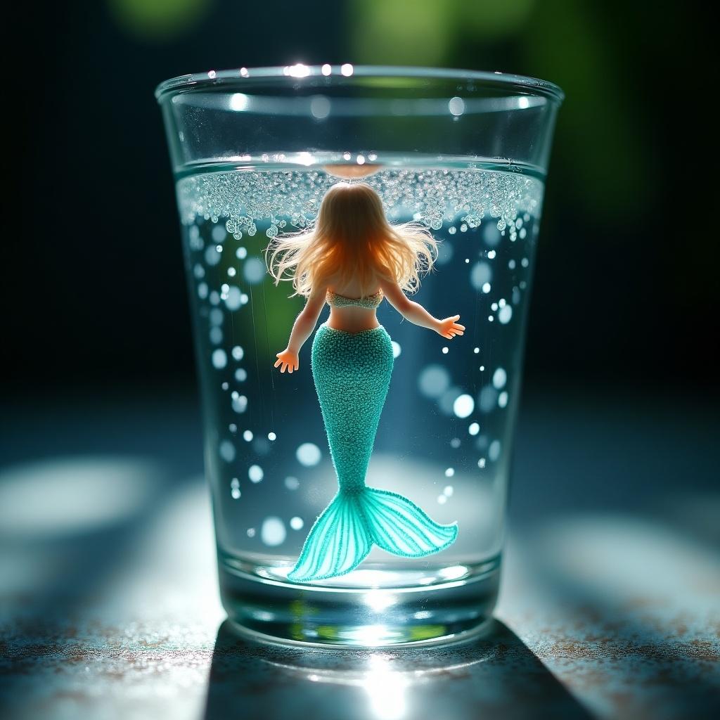 Tiny mermaid swims in clear glass filled with shimmering water. Soft glow illuminates glass casting reflections. Mermaids tail sparkles with aquamarine and pearl hues. Background is blurred with magical light. The mood feels intimate and dreamy.