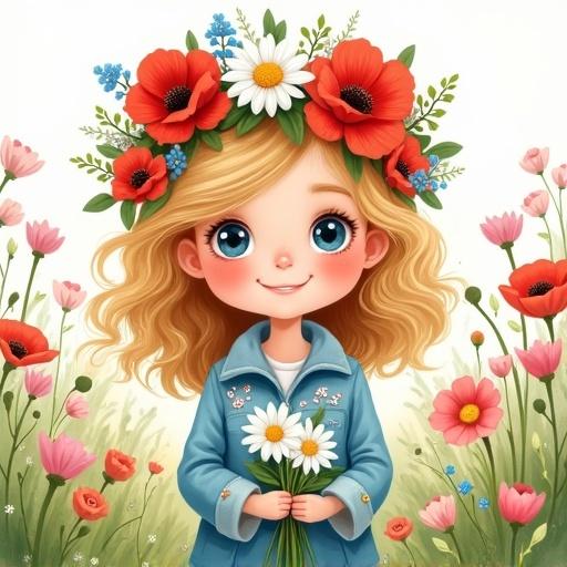 Charming illustration of a young girl with wavy blonde hair and colorful flower crown. She wears a blue jacket and holds daisies. The backdrop features a vibrant meadow with flowers. The scene portrays joy and springtime vibes.