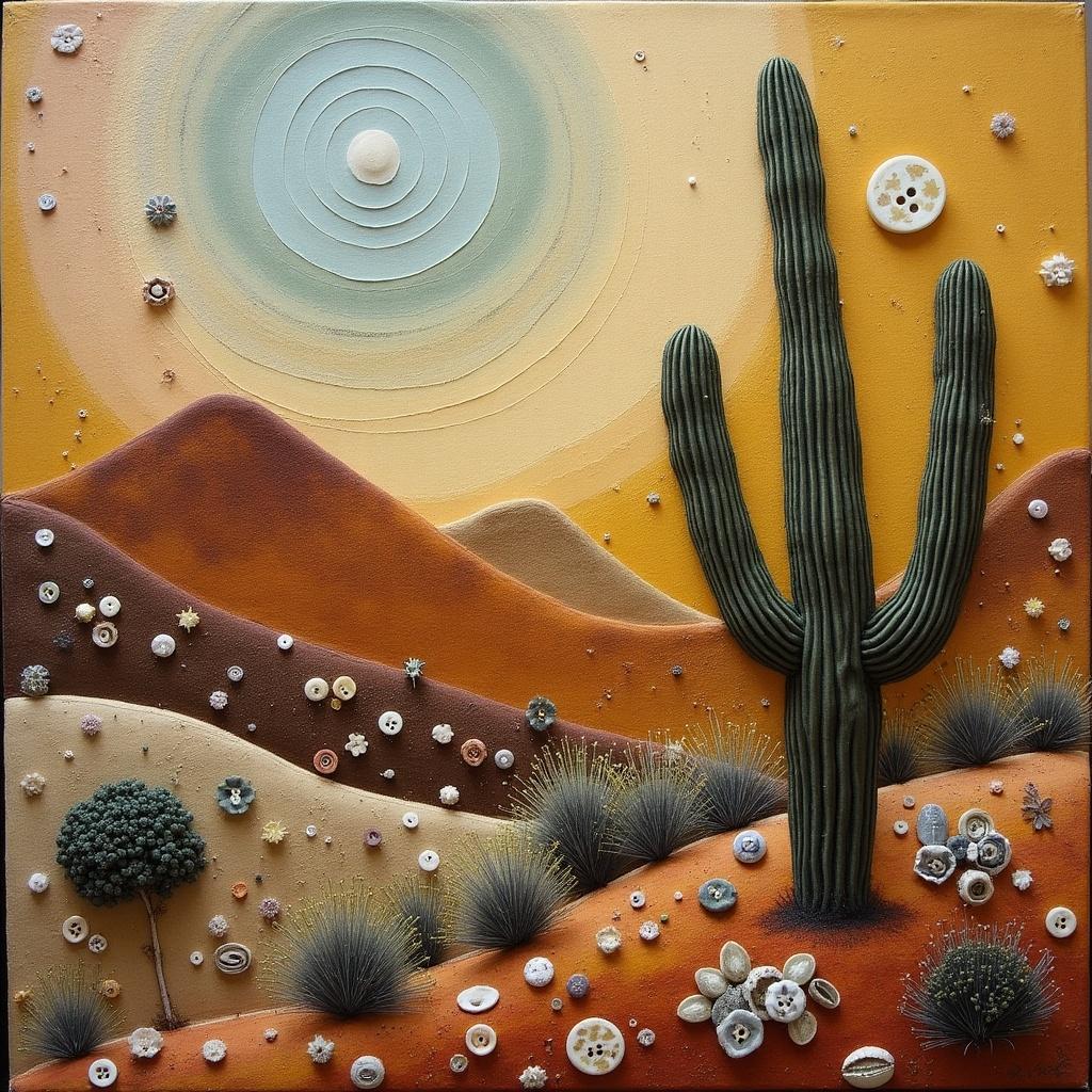 Primitive desert landscape art with a tall cactus in the foreground. Various textures from fabric, dried flowers, buttons, shells, threads, yarns, encaustic wax, and oil. Detailed exploration of textures in a warm color palette.