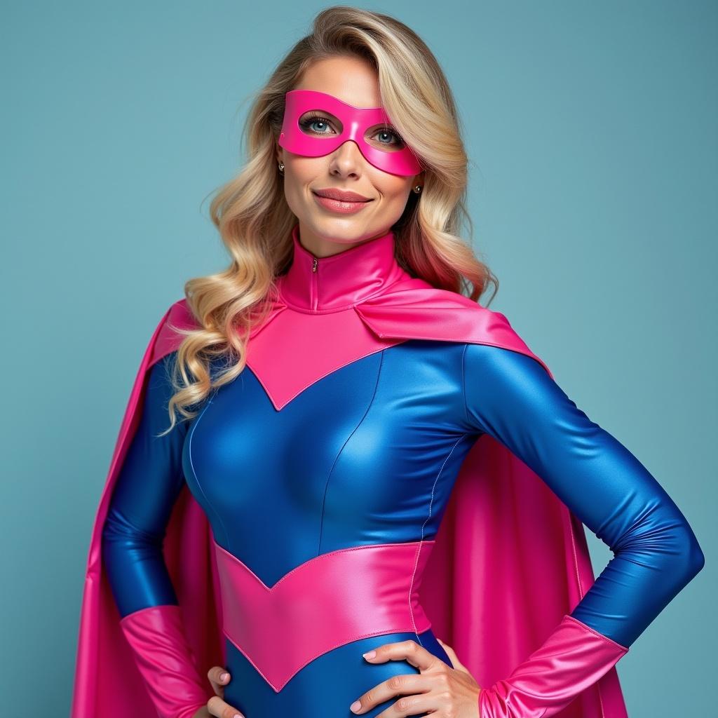 A woman dressed as a superhero is posing confidently. She wears a vibrant costume that combines hot pink and blue colors. The outfit features a form-fitting design with a mask to match. Her blonde hair cascades beautifully over her shoulders. The background is a soft turquoise that complements her outfit, creating a striking visual. This superheroine exudes strength and empowerment through her pose and expression. It's a fun and energetic portrayal typical of superhero themes. Perfect for an advertisement or promotional content.