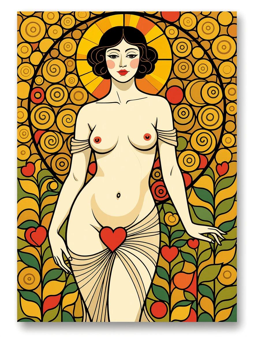 3D beautiful woman depicted in an art nouveau style with curves. Bold colors and intricate patterns surround her. Heart shapes are present symbolizing love. Floral elements enhance the composition.