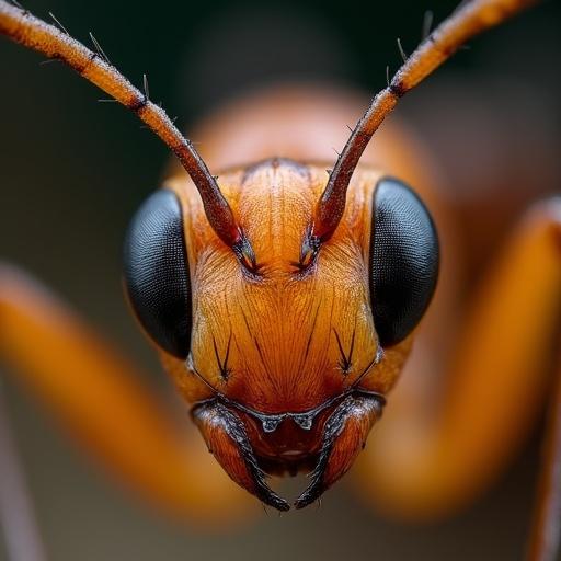 Ultra realistic close-up shot of an ant's head focusing on its eyes. High detail with texture and color emphasis.
