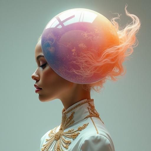 A cinematic photograph depicts a prestigious beautiful woman in an all white dress. The woman's head is a colorful gradient sphere that resembles a foreign planet. Her outfit has luxurious gold trim. The skin is tan with smooth rough textures. The sphere emits natural weather phenomena and neon layers. The image is sharp with studio quality. The background is gorgeous with subtle illumination hints. The overall style is elegant and dynamic.