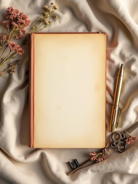 Top-down flat lay of a closed vintage hardcover journal with a blank front cover. Placed on soft neutral fabric surface. Surrounding elements include a gold fountain pen, dried flowers, and an antique key. Natural lighting enhances warm tone and subtle shadows. No branding, no text, no hands present.