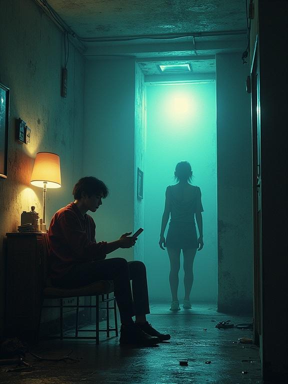 A young Japanese man sits in a chair in a dimly lit room using a phone. An ominous figure stands in a doorway bathed in blue-green light. The scene combines elements of sci-fi horror and surrealism.