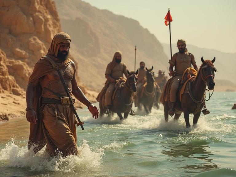 Naaman the Syrian army captain with leprosy wades in the Jordan river. His guards and chariot are visible nearby. Ancient setting with natural landscape.