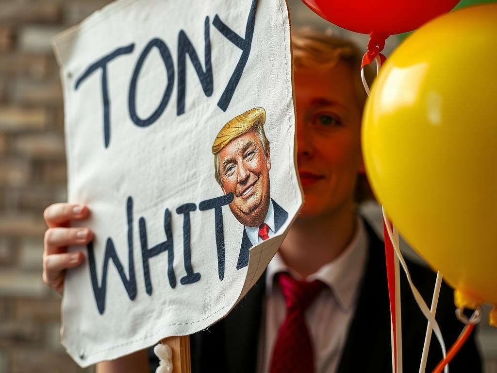 A person partially hidden behind a sign with a caricature of Donald Trump's face and colorful balloons.