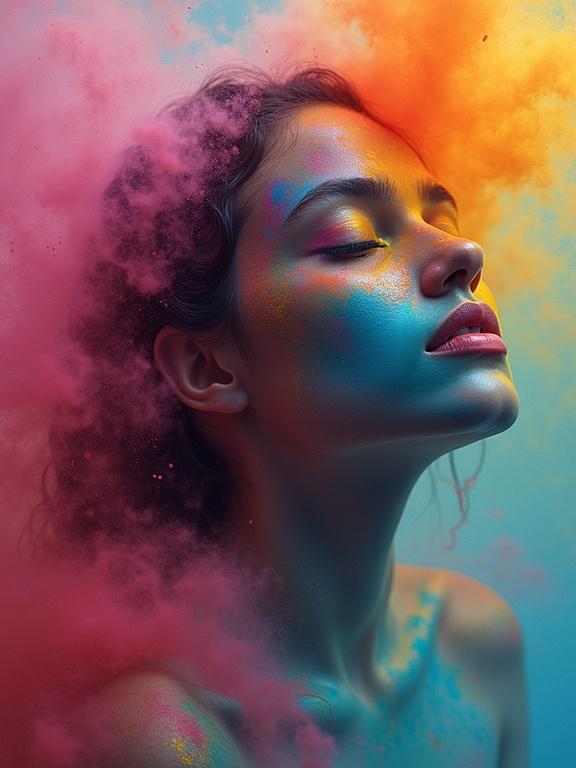 Colorful dyes surround a woman's face. Expression of emotions. Captures vibrant movement. Represents hope and personal growth. A blossoming personality in an artistic portrayal.