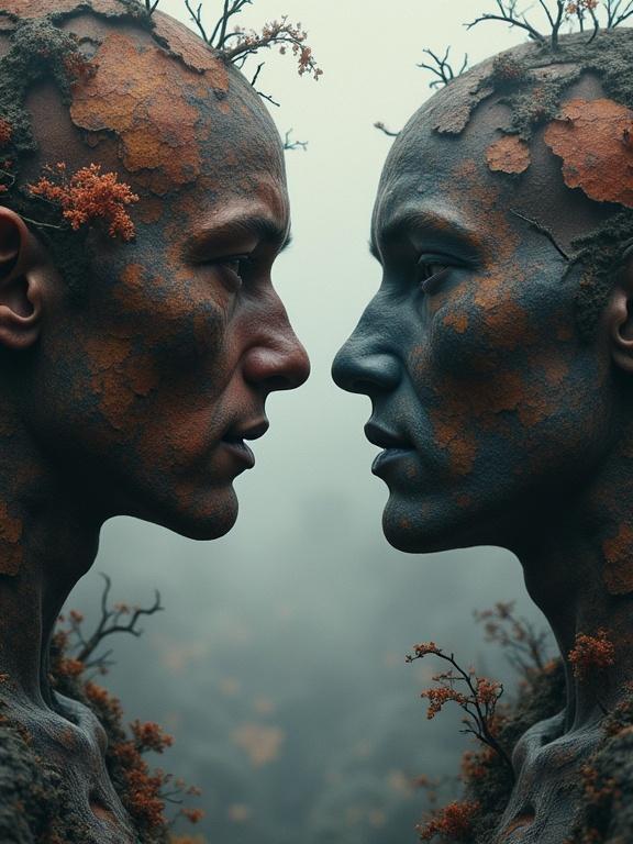 Artists create two human figures merging together. Each figure appears to connect with elements of nature. Texture on the skin resembles soil and foliage. Whimsical and surreal portrayal of interconnectedness.