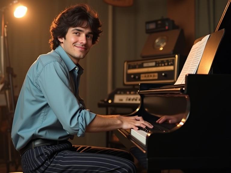 A musician seated at a grand piano with a friendly expression. Wears a light blue shirt with rolled-up sleeves and dark pinstriped trousers. Short dark hair, clean face. Background features old recording equipment. Soft light from a window creates a cozy atmosphere.