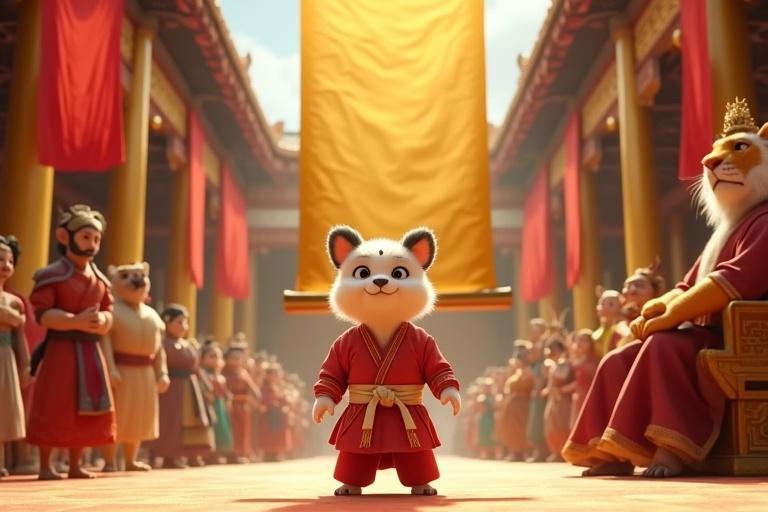 A grand palace courtyard filled with animals gathers for competition. Kittuu stands determined in a light red karate gi with white belt and golden forehead mark. The Raja, a regal tiger, watches from a golden throne. Red banners flutter in the sunlight. Towering pillars shine in gold. Textures of robes and fur are ultra-realistic.