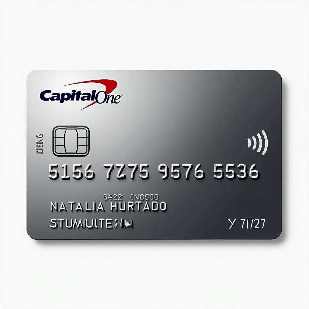 A realistic image of a credit card showcasing its distinct details. The card prominently displays the Capital One Quicksilver logo reflecting a sleek modern design. Number 5156 7675 9516 5536 is easily visible. Cardholder's name is Natalia Hurtado. An expiry date of 10/27 is noted at the bottom. Overall appearance is clean with a dark silver background and bold black font.