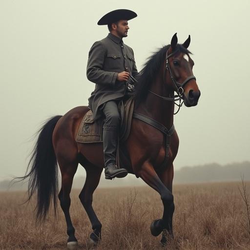 Historical figure on a dark horse. The man wears military attire and a hat. He sits upright with confidence amid a natural landscape. The background is an open field with soft foliage.