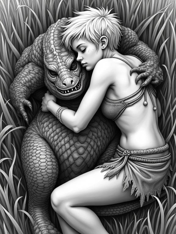Young tribal warrior Moana lies on her bareback in a meadow embracing a large fantasy reptile. She has short messy blonde hair and freckles. Her body is dirty and sweaty indicating a hard fight. The reptile has an open toothy muzzle, appearing fearsome. The setting is detailed with realistic shadows and a view from above.