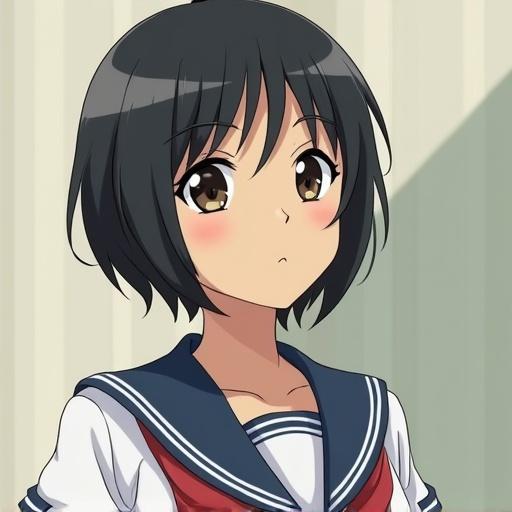 15 year old Japanese girl in a sailor uniform with tan skin looking healthy and slim with short black hair