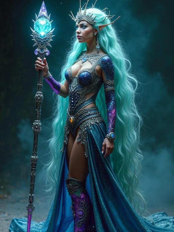 Full-body cosmic guardian woman standing majestically. Golden teal hair. Shimmering waves. Iridescent silver interwoven. Ethereal face. Glowing neon blue eyes resembling galaxies. Deep obsidian complexion with bioluminescent specks. Futuristic robes flowing like liquid metal. Delicate feet in boots. Intricate tattoos pulsing with color. Cloak with advanced nanotechnology displaying floating symbols. Crystalline scepter emitting warm light and gemstones. Crown with pulsating gemstones and antenna-like structures. Combining beauty and awe-inspiring energy.