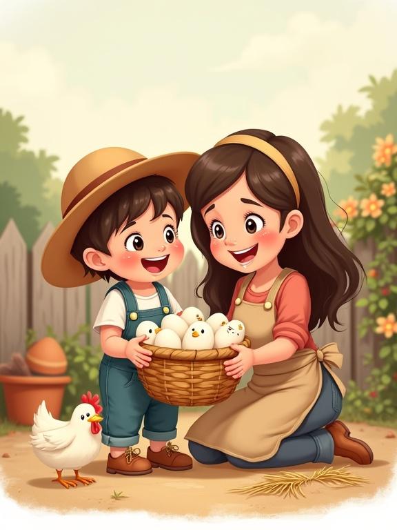 Cheerful little girl presents mother woven basket filled with fresh chicken eggs. Mother kneels with open arms and happy tearful smile. Rustic farm background with curious chicken, straw on ground, and wooden fence with climbing flowers. Soft pastel colors, gentle lighting, expressive faces.