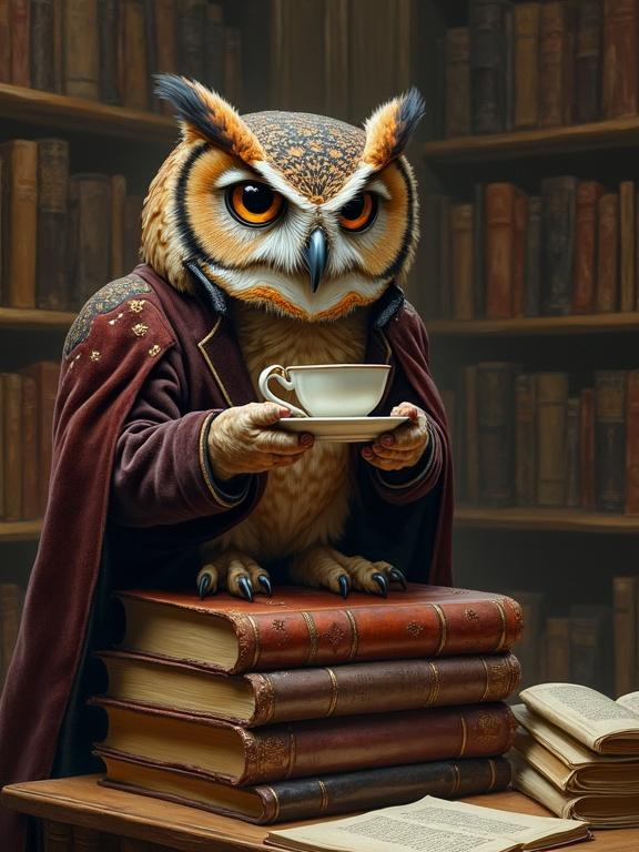 Wise owl wearing a velvet smoking jacket. Owl perched on ancient books. Holding a porcelain tea cup. Surrounded by tall bookshelves. Alien planet setting. Hyperrealistic oil painting style. Warm inviting color palette with detail.