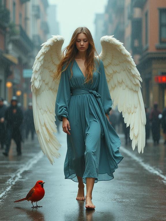 A female angel walks barefoot in a medium-blue robe. She has large white wings. The setting is a rainy city street with reflective surfaces. A vibrant red bird is on the ground. The atmosphere is melancholic with a thoughtful mood.