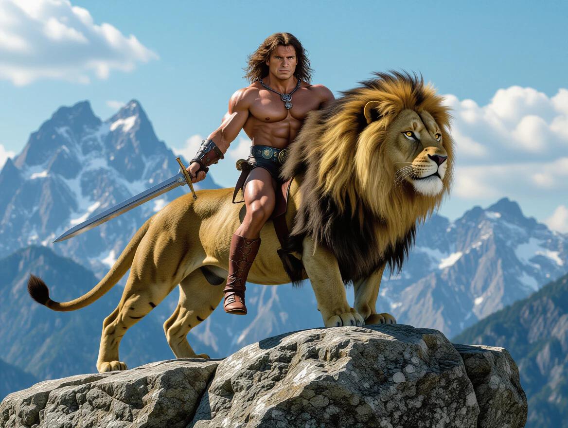 A young muscular man rides a majestic lion atop a rocky formation in a mountainous landscape. The scene captures adventure and bravery. The man holds a sword and displays strength and confidence. The lion exhibits a powerful presence. The sky is bright and clear with dramatic mountains in the background.