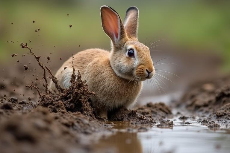 Rabbit mid-air fall over muddy ground with splashes of mud around