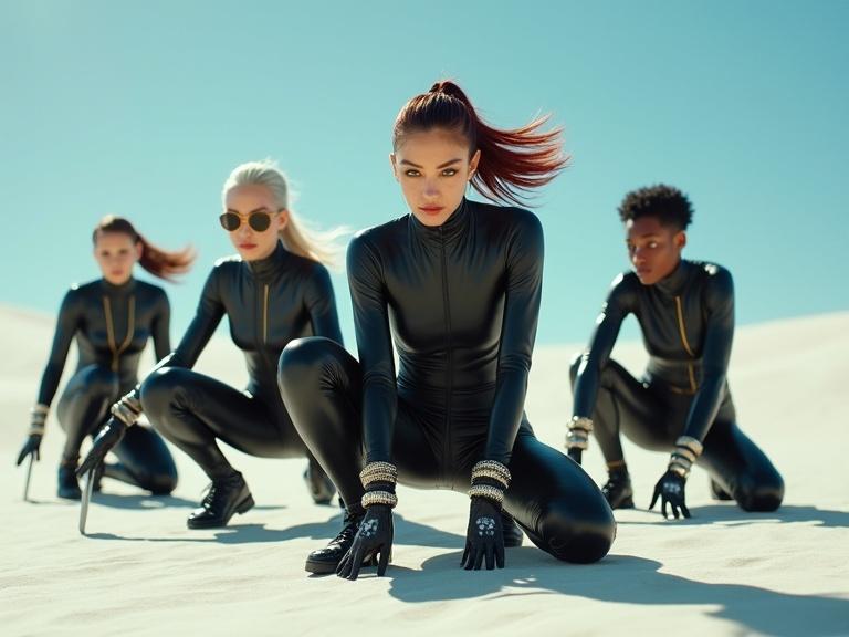Group of young women in sci-fi outfits posed dramatically in a desert environment. Each woman showcases unique features and attire. Characters are engaged in action stances with weapons. Bright lighting and clear blue sky enhance the scene.