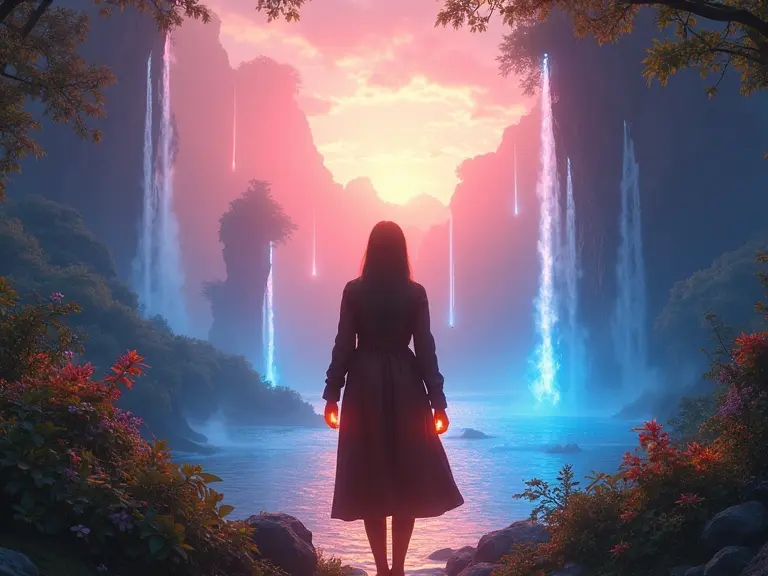 Breathtaking fantasy scene featuring a female figure in a brown leather coat standing with her back to the viewer. The setting is an ethereal dreamscape with glowing orange arms, vibrant colors, and warm pink sunset clouds meeting a cosmic blue energy realm. Floating islands and cascading light waterfalls create a surreal biome transition. The composition includes lush foliage framing and atmospheric perspective with dramatic lighting. High fantasy concept art illustrated in hyper-detailed style at 8K resolution.