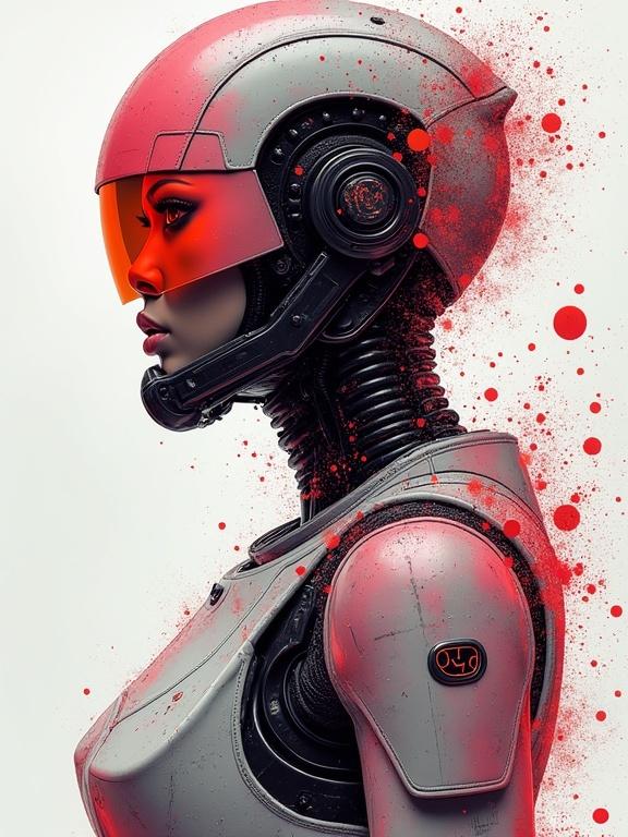 Robotic female character styled in a cyberpunk theme. Rendered in vibrant colors with prominent usage of red tones and metallic textures. Features intricate details in the design and a dramatic side profile. Background includes abstract ink splashes.