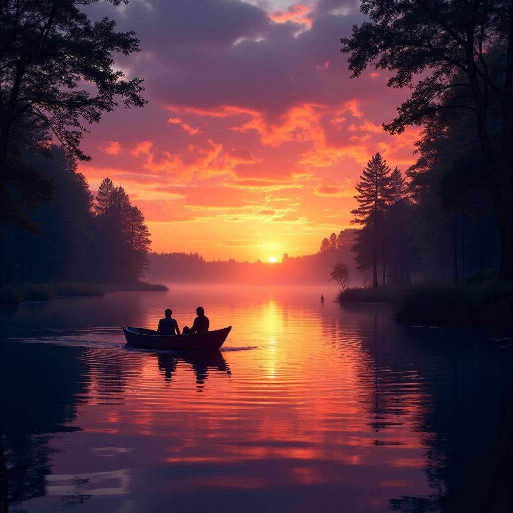 The scene depicts two people in a small boat, peacefully floating on a lake during sunset. The sky is painted with vibrant shades of orange, purple, and pink as the sun sets over the horizon. Reflections of the colorful sky shimmer on the water's surface, enhancing the serene atmosphere. Tall trees line the shore, adding depth and a sense of seclusion. The overall mood of the image is one of tranquility and companionship, perfect for evoking a sense of peace in viewers.