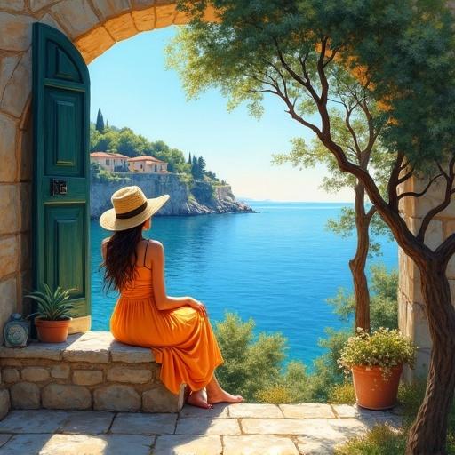 Impressionist painting of a woman in a summer dress and straw hat sitting on the stone wall of an old house looking at the sea view. Bright sunny day in Italy. Visible brush strokes of impressionist style. Sunlight trees rocks blue water houses on the coast.