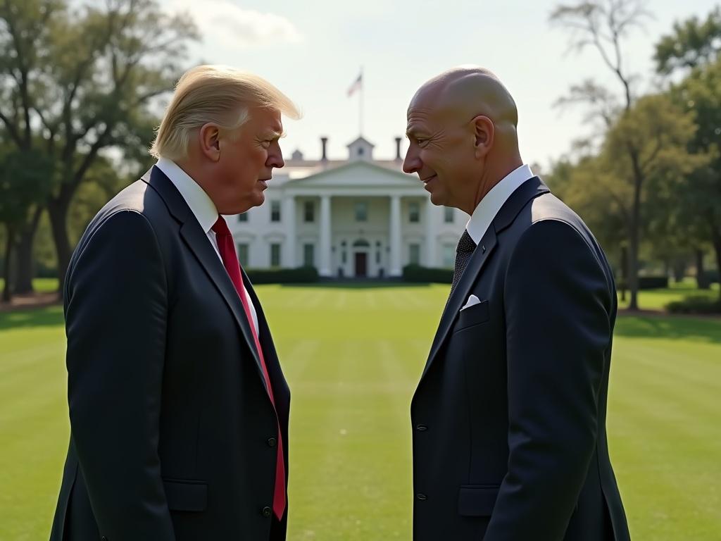 A picture on the lawn of a residence with two prominent figures facing each other. The setting shows two individuals in professional attire. One is a well-known political figure and the other is a technology mogul. The scene captures an intense moment of communication.