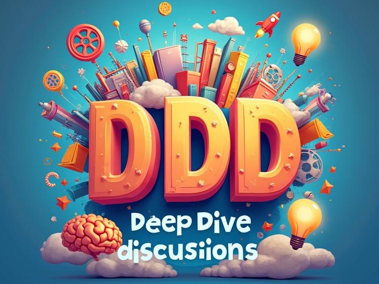 Playful and modern YouTube banner for DDD with colorful animated world of ideas. Floating icons include books brains film reels rockets and lightbulbs. Fun font for channel name with vibrant background.