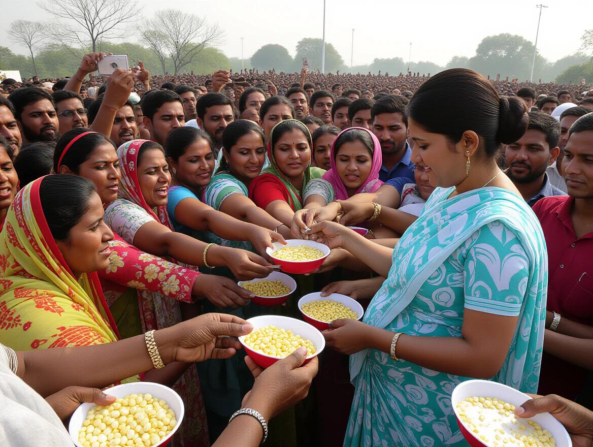 Hundreds of people gather to provide food to a pregnant woman. The scene is vibrant with individuals extending bowls containing yellow food. The atmosphere is communal and festive.