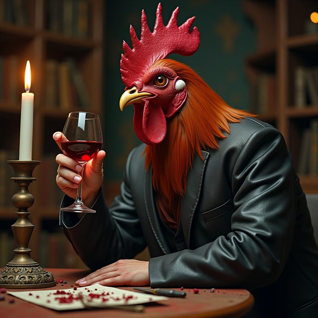 This image features a humanoid rooster with a full human body and a strikingly detailed rooster head. The character is elegantly dressed in a blazer, holding a glass of wine in a cozy, dimly-lit room. The atmosphere is enhanced by the warm glow of a nearby candle. The rooster appears mischievous, seemingly attempting to steal the wine. In the background, we can see hints of a sleeping devil, adding a touch of fantasy and humor to the scene. This combination creates a whimsical and surreal art piece that plays with themes of indulgence and fantasy.