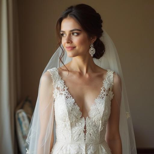 A bride stands in a softly lit setting. She wears a stunning wedding dress adorned with intricate lace details. The scene conveys a sense of elegance and romance.