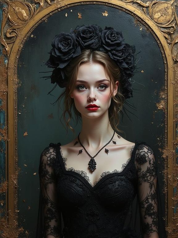 Captivating close-up portrait of gothic woman in black lace dress in ornate dark room. Ethereal beauty emphasized by dramatic lighting, adorned with black roses. Mixed media textures enhance depth and surface feel.
